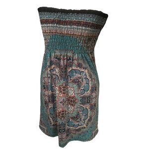 Boho Paisley Smocked Sundress Green Teal Festival Hippie Aesthetic Knee Length